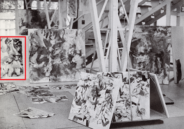 The present work (boxed in red at far left), in progress, in the artist’s studio c. 1977. Artwork: © 2022 The Willem de Kooning Foundation/Artists Rights Society (ARS), New York